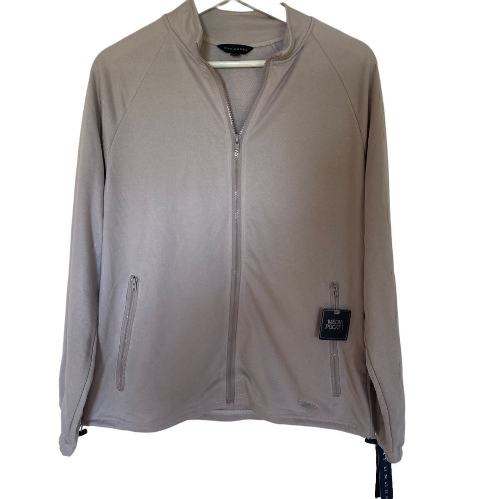 Kay Unger NEW tan full zip jacket with media pocket LARGE